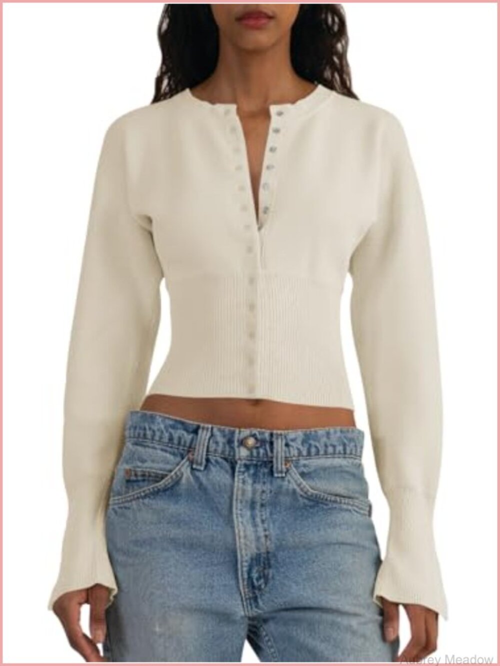 Cropped V-Neck Button Down Ribbed Knit Sweater Cardigan Women Slim Fit Long